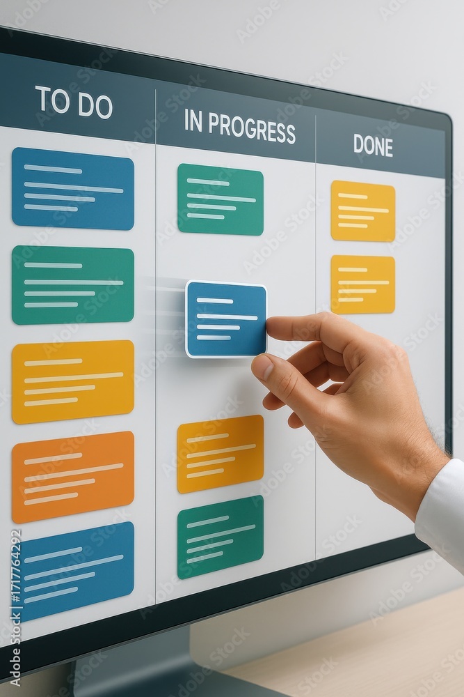 Poster hand moving task card on project management board in modern office setting