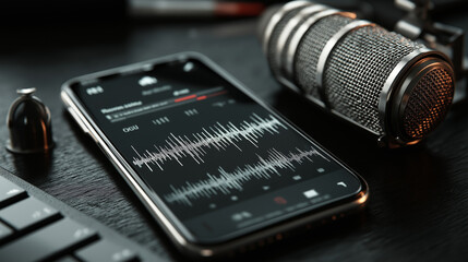 Audio recording app displayed on smartphone screen, visualizing sound waves in real time for clear voice capture and mobile creativity.
