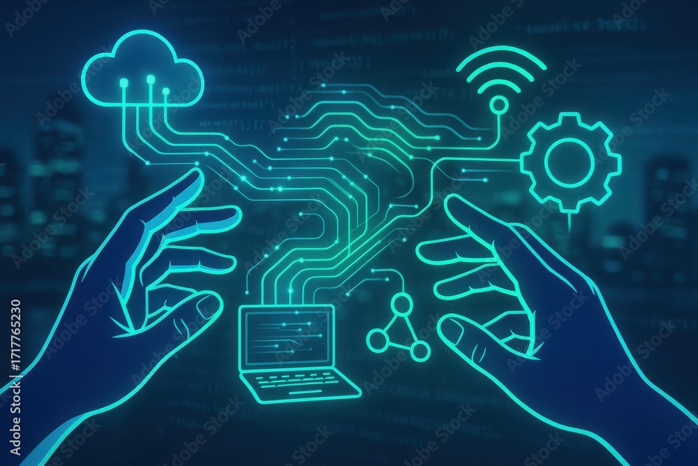 Poster hands engaging with digital interface featuring technology icons and data connections