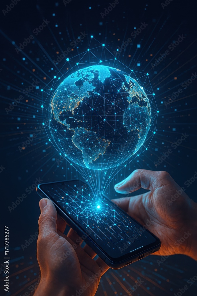 Poster hands holding smartphone with digital globe and connecting lines against dark background