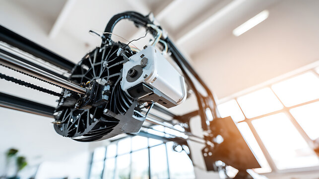 Close-up of a robotic arm mechanism in an industrial setting with visible gears and actuators