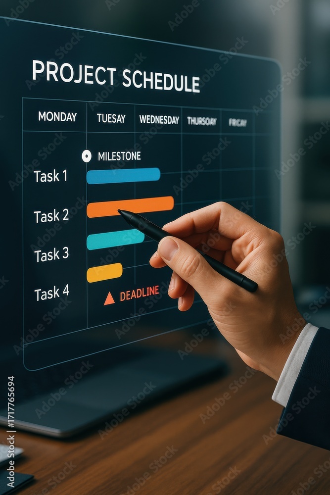 Poster modern project schedule featuring milestone and deadline on digital screen interface