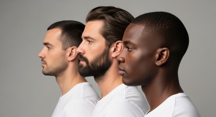 Obraz premium Three diverse men standing side by side in white shirts
