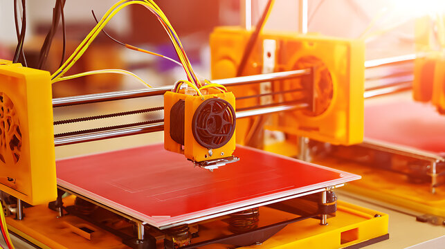3D printer in operation with yellow components and red build platform