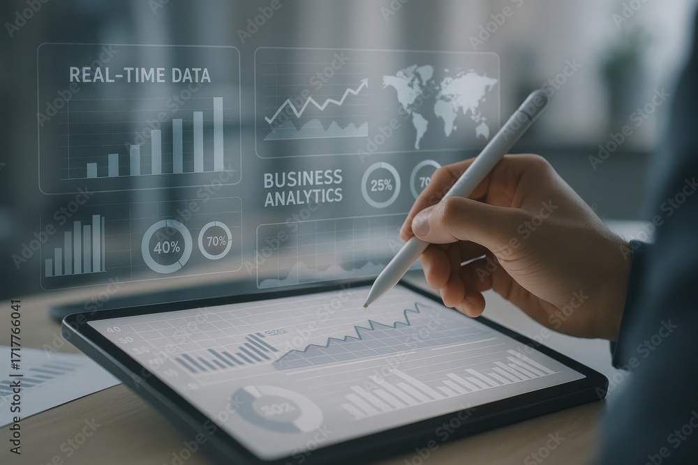 Poster modern business analyst using digital tablet for real-time data analysis and insights