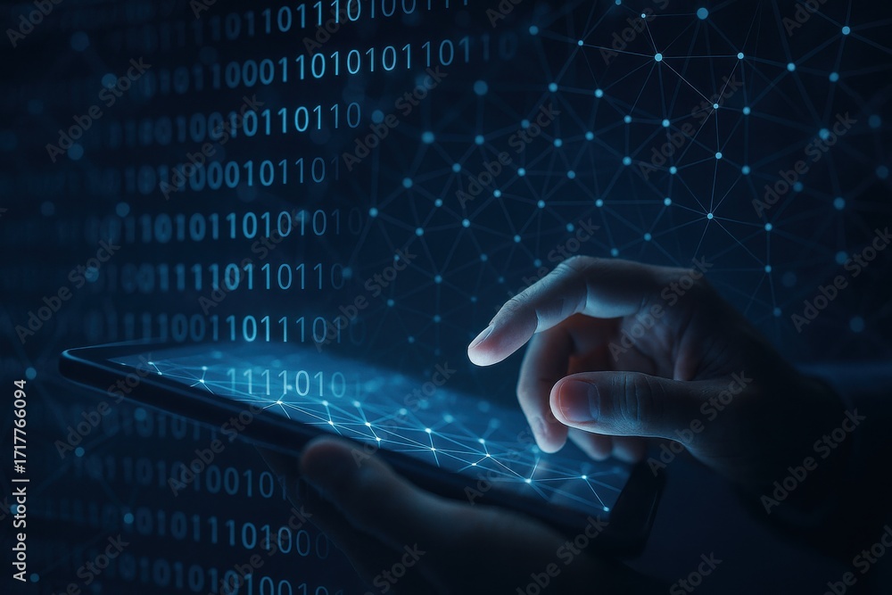 Aufkleber digital data interaction with tablet screen in cyber environment with binary code display