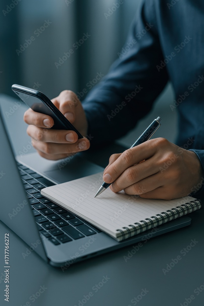 Poster close-up of hands using smartphone and writing on notepad while working on laptop at desk