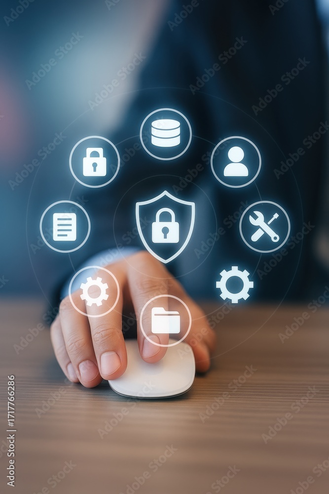 Poster person using mouse with digital icons representing technology and data security concepts