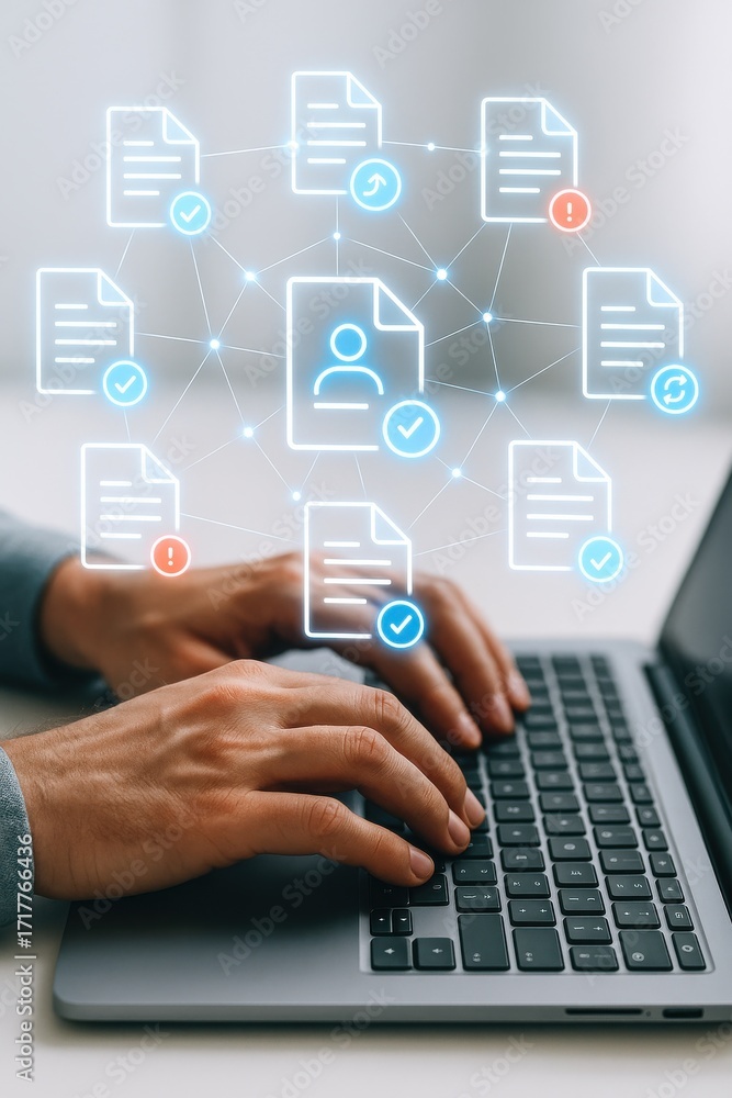 Poster hands typing on laptop with document icons representing data organization and management