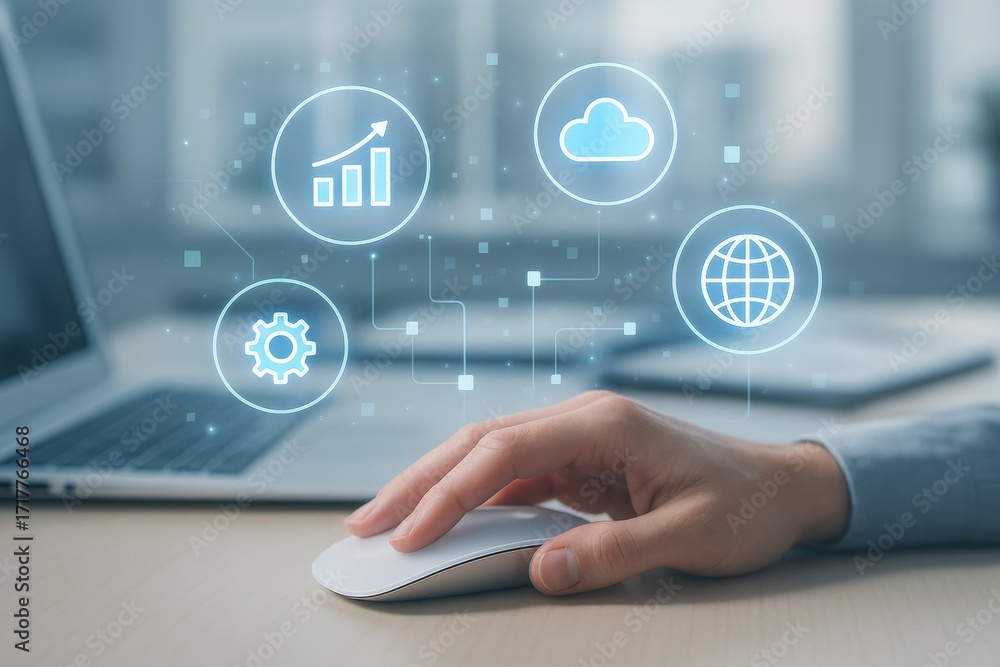 Poster business technology concepts with laptop mouse click and data icons for innovation and growth