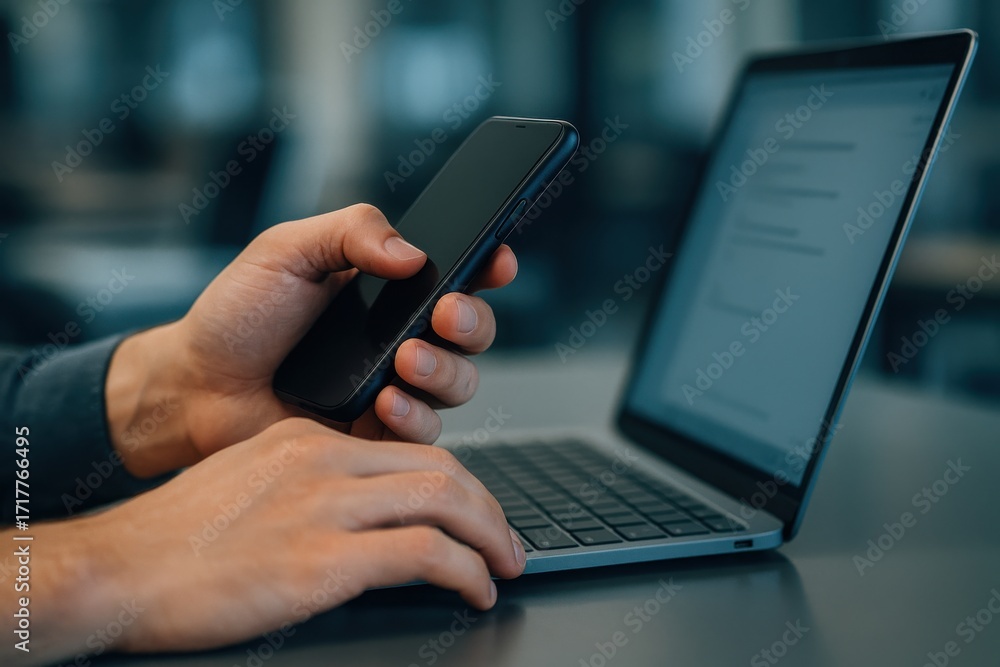 Poster hands using smartphone while typing on laptop keyboard in modern office environment