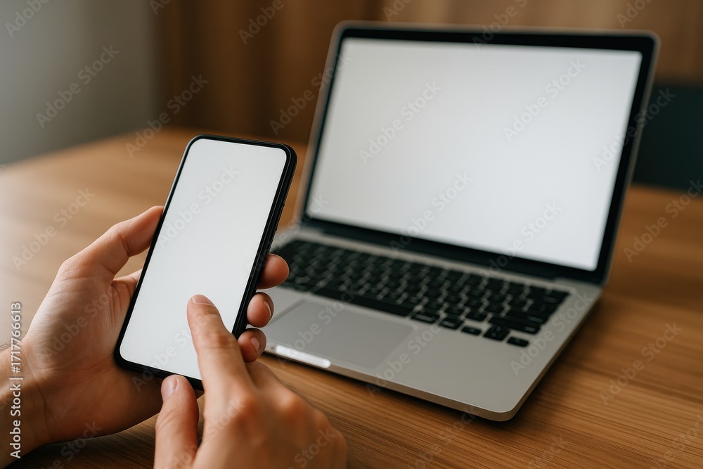 Poster person using smartphone while working on laptop in modern workspace setting