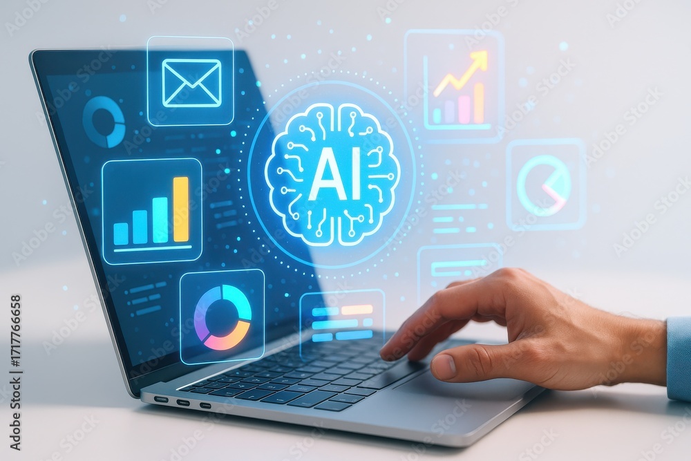 Poster innovative technology concept with laptop displaying ai analytics and data visualization graphics