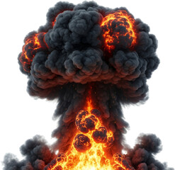 Massive Mushroom Cloud Explosion With Intense Fire And Smoke Glowing Embers Dark Transparent Background Isolate