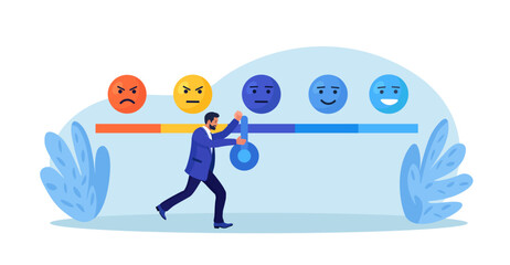 Businessman Pushing Arrow to Vote for Product and Services Quality. Customer Satisfaction Surveys with Emotions Icons, Emoji. Client Rating and Feedback. Evaluation of User Experience