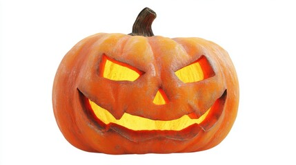 A carved pumpkin face clipart, halloween symbol, 3D render illustration, orange glow, isolated on white background. 