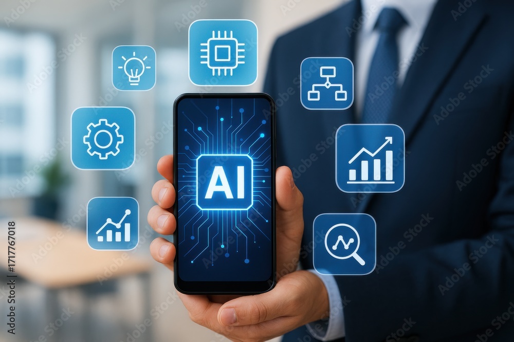 Poster man in suit holding smartphone with ai technology icons in modern office setting