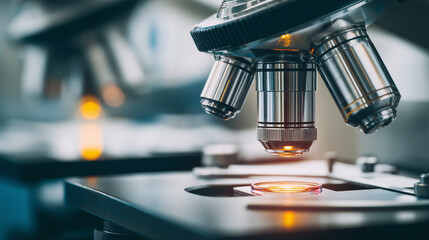 Close-up of a scientific microscope used for data analysis, symbolizing research, biology, innovation, and advanced laboratory technology.