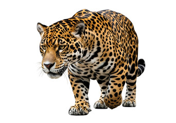 Fototapeta premium A jaguar stands poised, its spotted coat and intense gaze highlighting its wild beauty against a stark black backdrop.