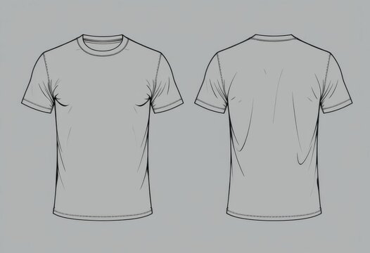 Plantilla vectorial minimalista de una camiseta de manga corta ajustada con cuello redondo para hombre, con ilustraci&oacute;n de dibujo t&eacute;cnico frontal y posterior