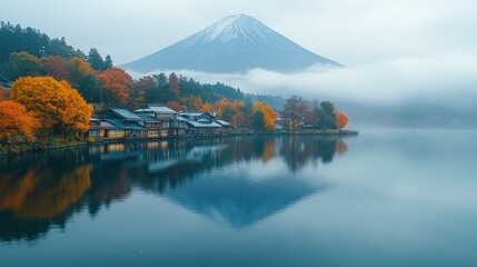 Autumn Fuji, lake village reflection, misty sunrise, travel poster