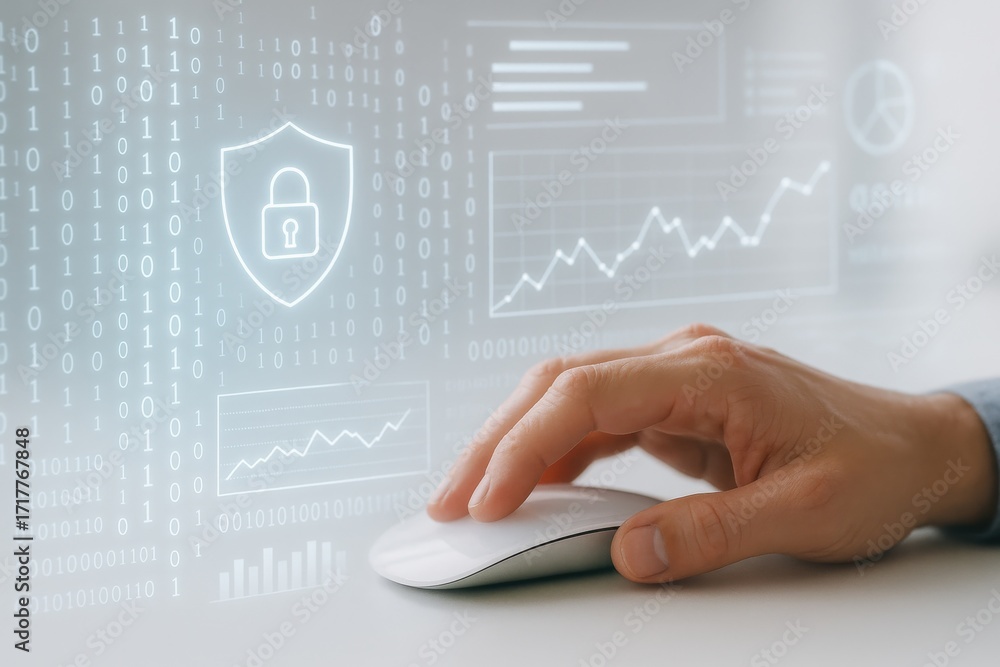 Poster hand using computer mouse with digital security and data protection elements in background
