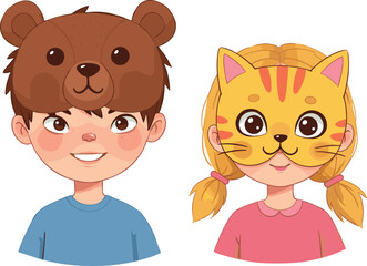 Children wearing animal masks, bear and cat costume, playful kids, school play, fun dress-up, cute expressions, creative childhood moment