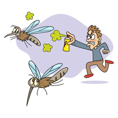 A man with insecticide spray Killing mosquito. Mosquito Bite People. Anti-Spray Insect, Mosquito Repellent. Cartoon Vector Illustration.    