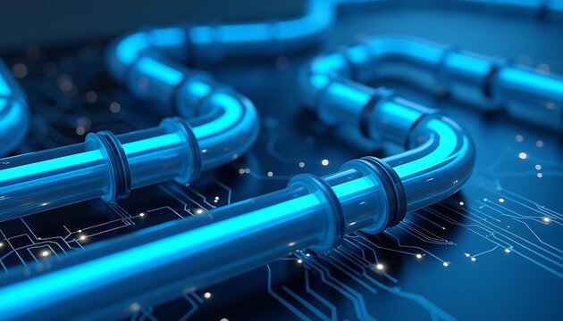 High-Tech Plumbing: A Detailed Look at Blue Metallic Pipes and Circuits in a Modern Technology Infrastructure Design