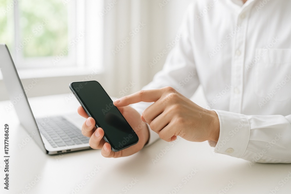 Poster person using smartphone with blank screen while working on laptop at a minimalistic desk setup