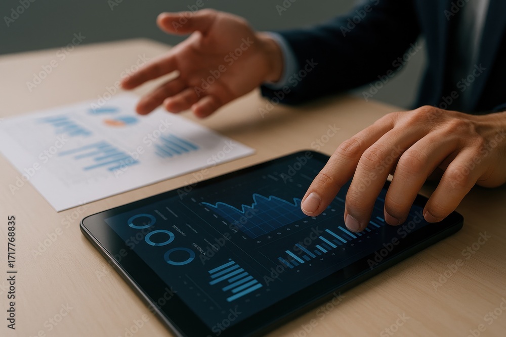 Poster professional businessman analyzing data on tablet with charts and graphs on wooden table