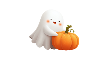 Cute ghost hugging a pumpkin with happy smile, Halloween party design isolated on transparent background 