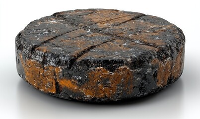 A circular, textured object, resembling a weathered stone or metal disc, rests on a plain white surface