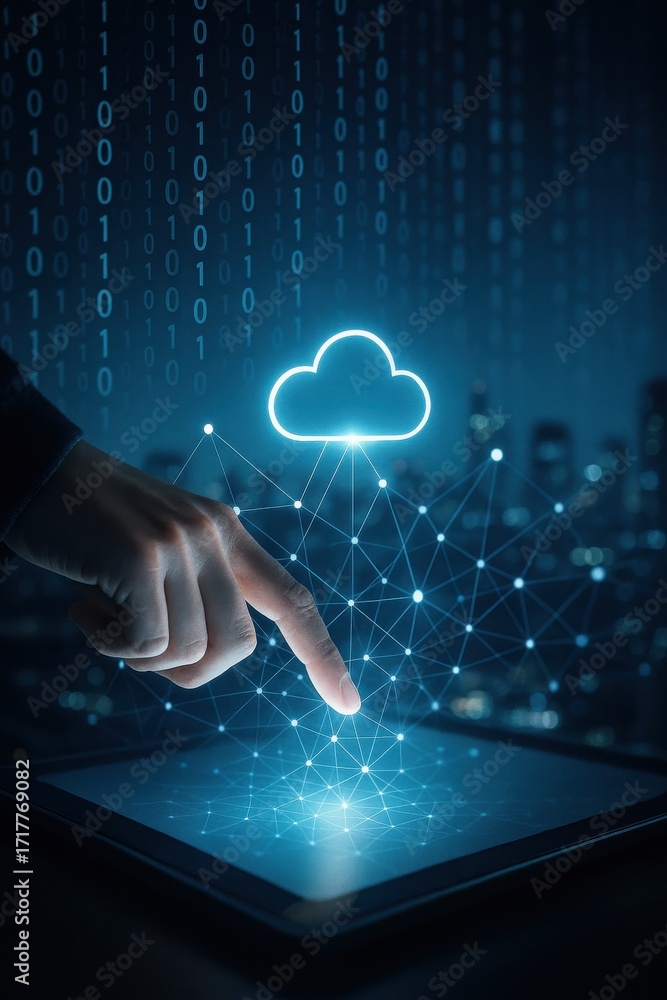 Poster hand touching touchscreen tablet with cloud icon and digital data background in night setting