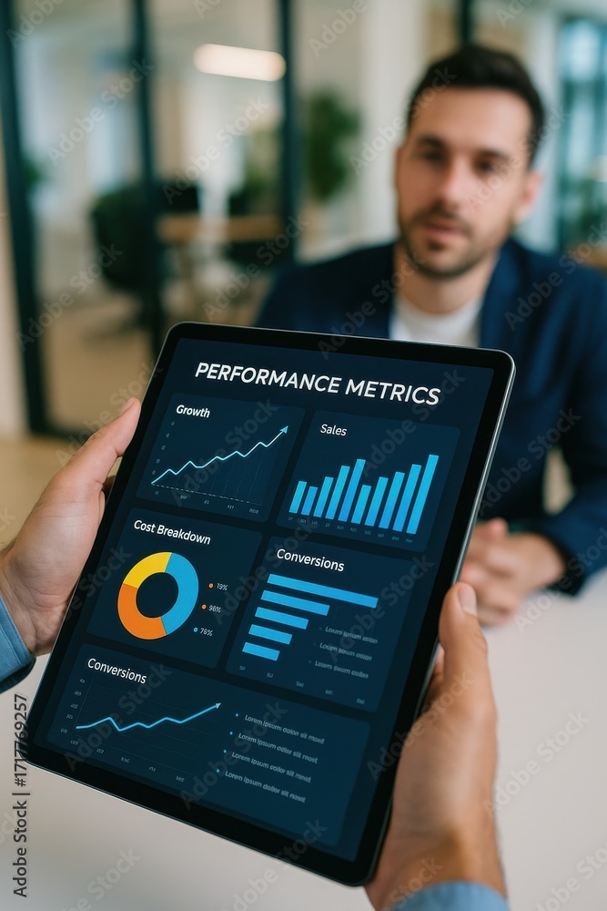 Poster business meeting with tablet displaying performance metrics and graphs in modern office setting