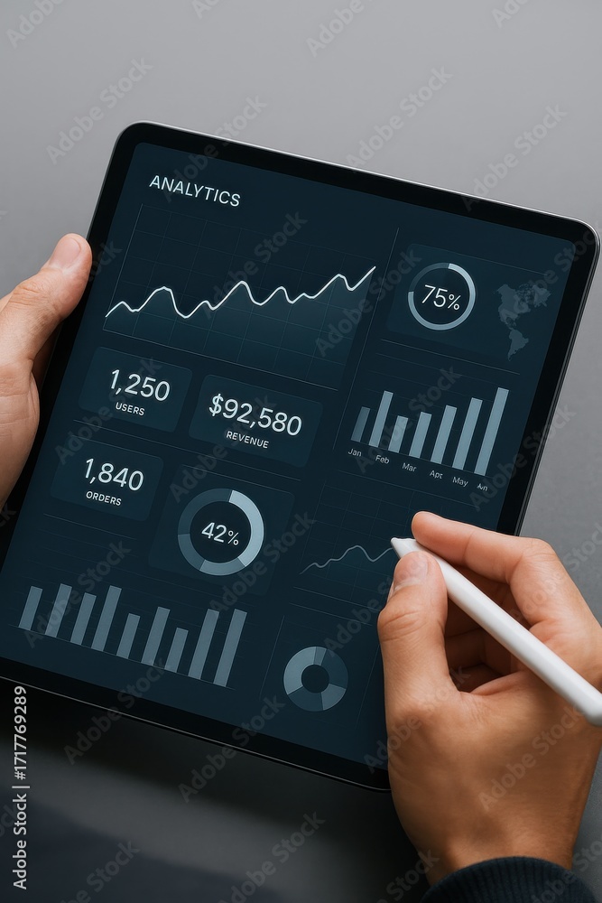 Poster hands holding tablet displaying detailed analytics dashboard with revenue and orders data