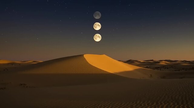 Serene desert landscape at night featuring three phases of the moon illuminating golden sand dunes