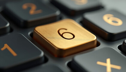 Close up shot of calculator keypad with focus on the gold number six key, accounting and financial calculations