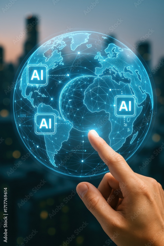Poster futuristic concept of artificial intelligence interacting with global network and earth visualizatio