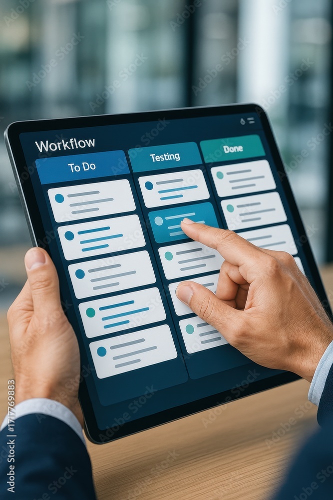 Aufkleber digital task management system on tablet with workflow cards for productivity enhancement