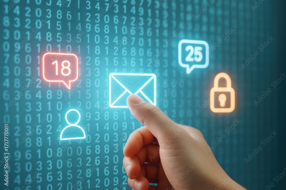 Poster hand touching email icon with digital data and notification bubbles on blue background