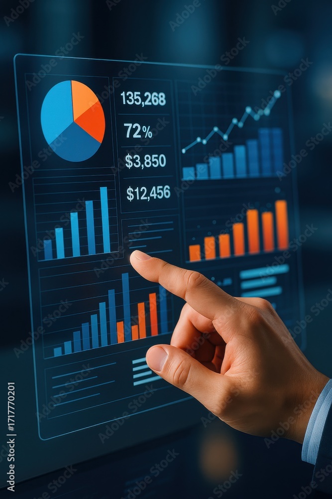 Poster business analytics dashboard with graphs and data visualizations on transparent screen