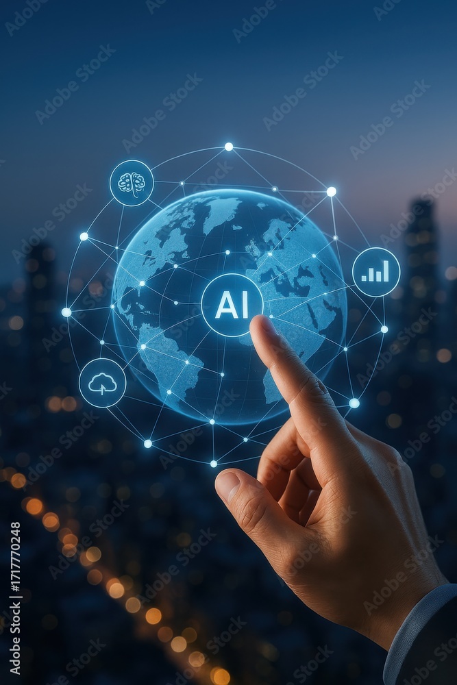 Poster digital representation of artificial intelligence concept overlaid on a globe and cityscape backgrou