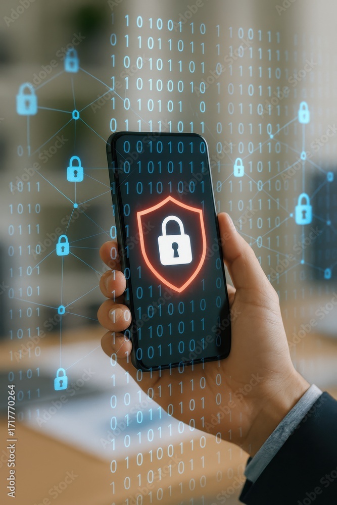 Poster mobile device with security shield symbol and digital data protection concept in modern office