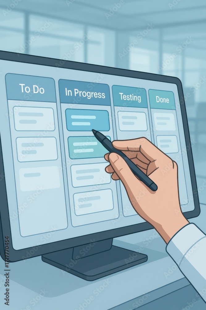 Aufkleber hand with pen interacting with project management board on computer screen in office setting
