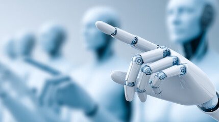 Robotic hand pointing forward with humanoid figures in the background
