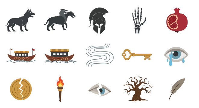 Greek Mythology Underworld Icon Set with Hades Symbols.