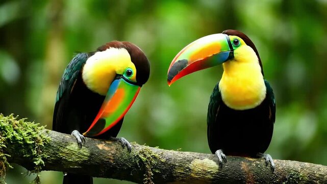 Vibrant toucans perched on mossy branch amidst lush rainforest, capturing exotic wildlife moments