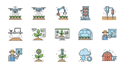 Smart Farming Technology Icons Set Modern Agriculture Innovation.