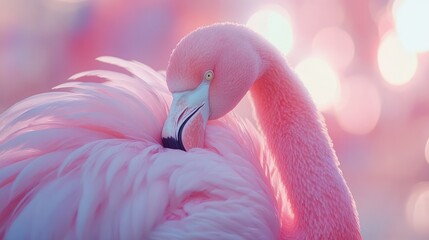 Pink flamingo preening sunset bokeh background
